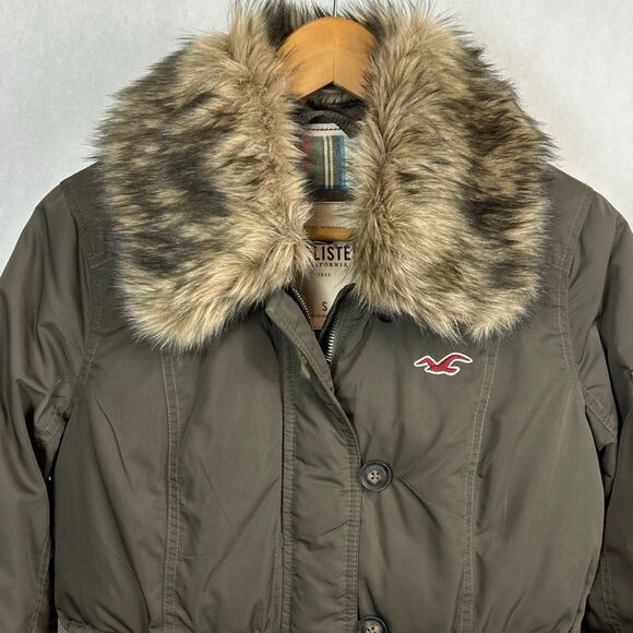 Hollister Womens Down Coat Sz Small Removable Faux Fur Collar Button & Zip Front - Picture 2 of 11